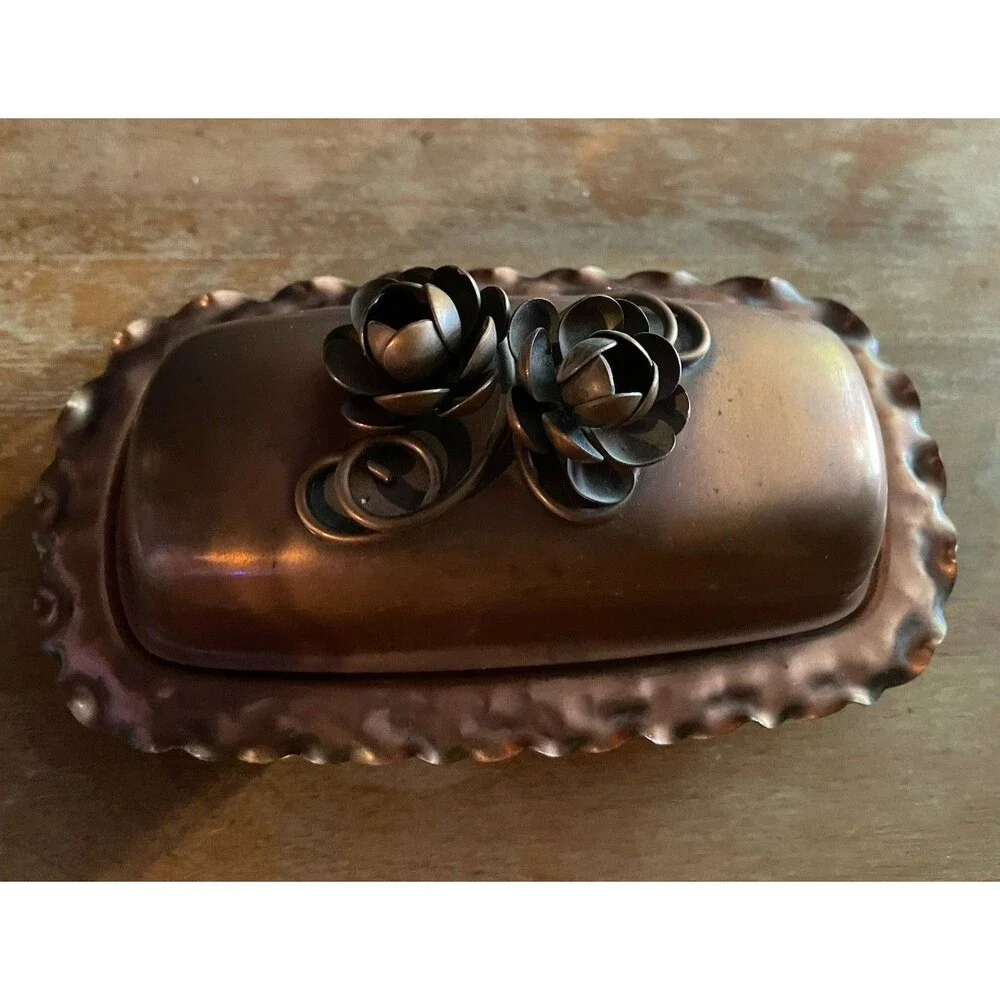 Gregorian Copper Butter Dish Hand Wrought Roses & Ruffles USA Glass Insert